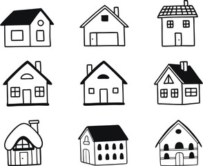 Collection of home icons. House icons set. Hand drawn House collection. Set of houses icons