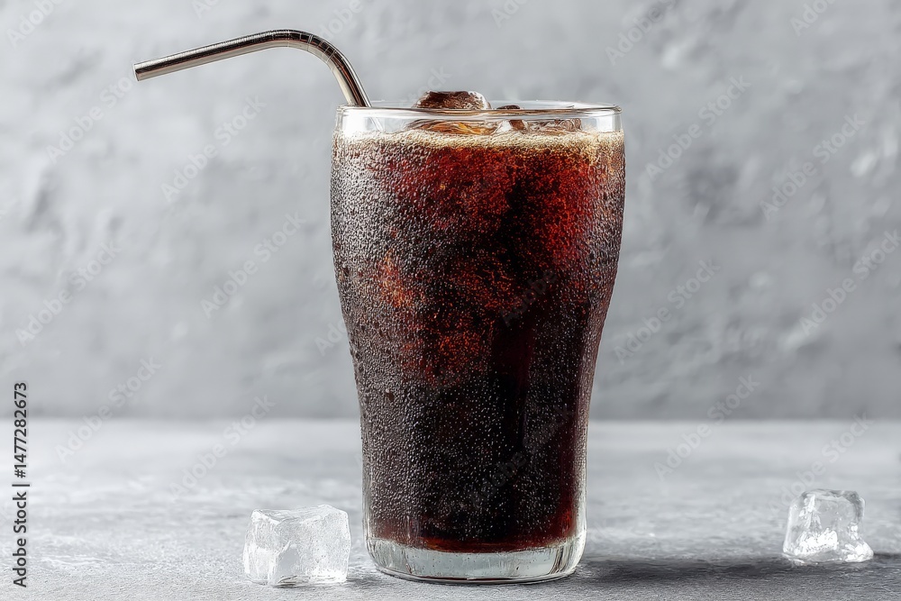 Poster refreshing cold beverage served in a clear glass with ice on a grey background in a casual setting