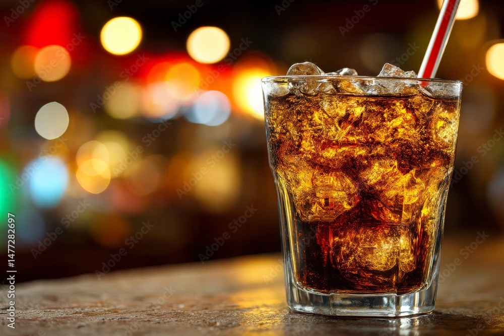 Poster refreshing drink with ice set in a vibrant bar during the evening illuminating the surroundings