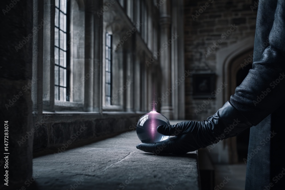 Poster mysterious figure interacts with glowing orb in a medieval stone chamber at dusk