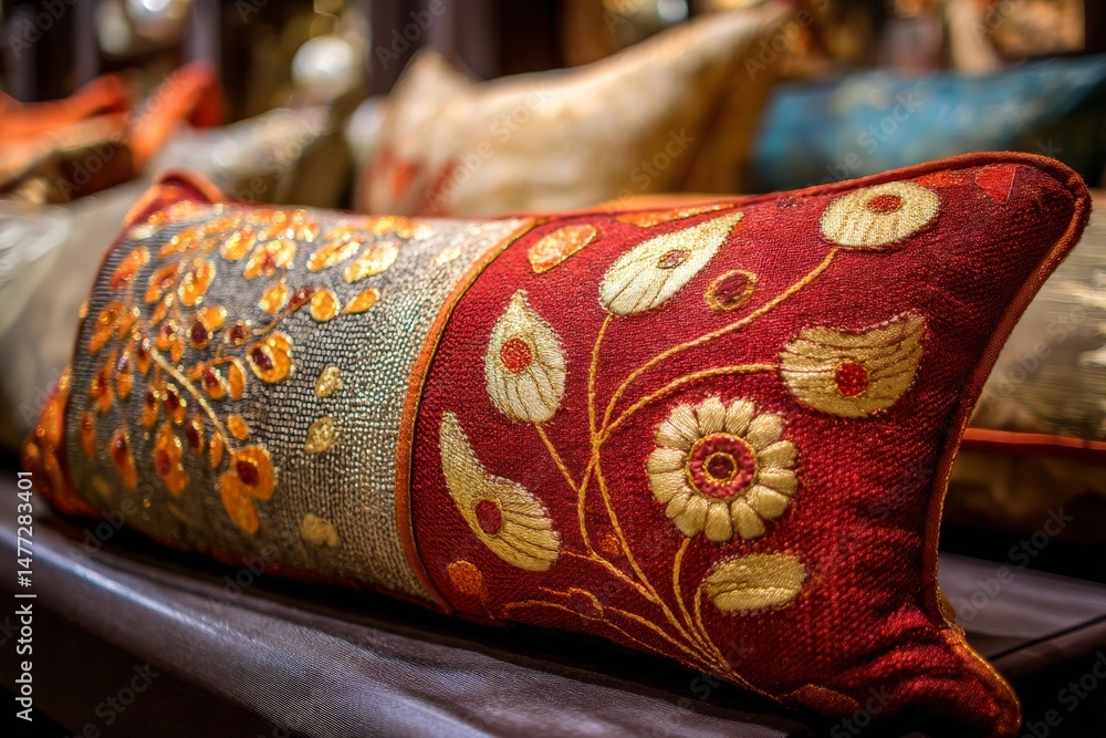 Poster decorative throw pillow with intricate embroidery displayed on shelf in a home decor store