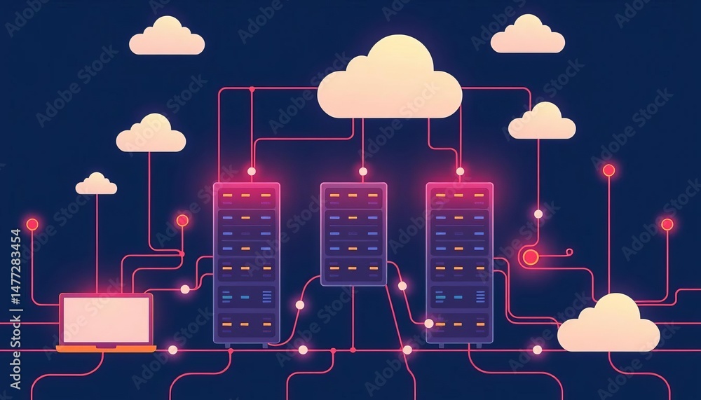 Aufkleber abstract flat vector illustration of interconnected servers, data centers, and cloud computing eleme
