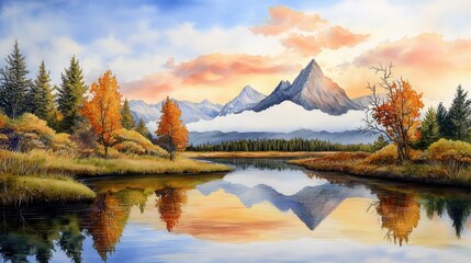Obraz premium Peaceful mountain watercolor scene with river in foreground, cloudy sky and forest reflections