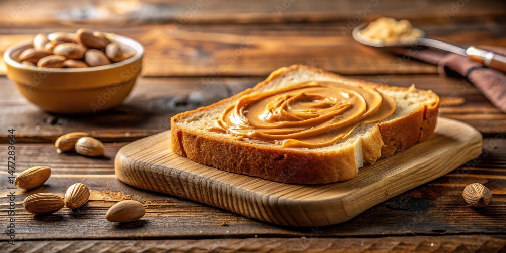 Poster a delectable slice of bread generously topped with creamy nut butter, accompanied by a bowl of roast