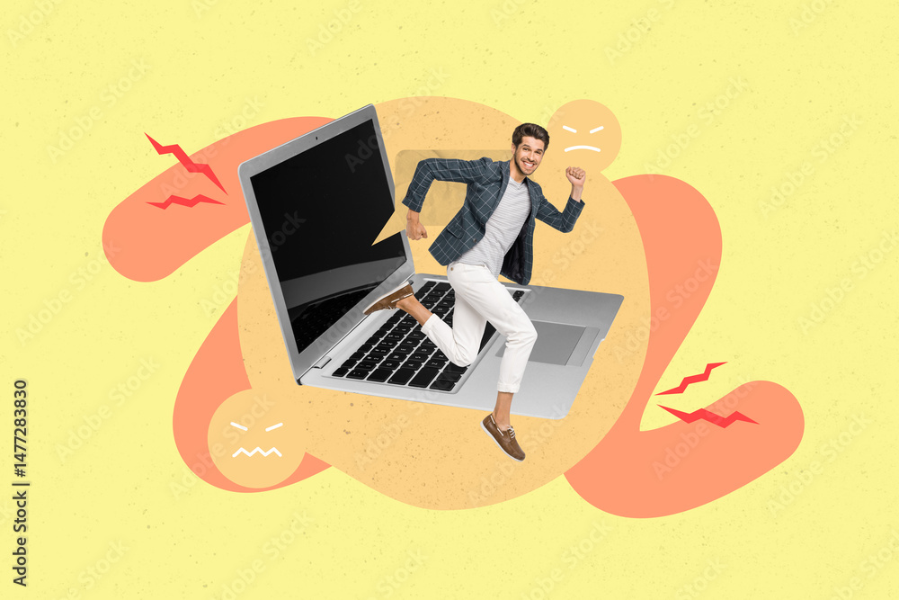 Poster poster trend collage of person run sit netbook with textbox angry faces on yellow background