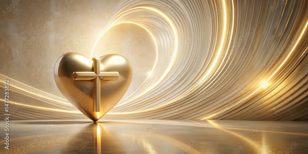 Poster golden heart with cross in abstract swirling background