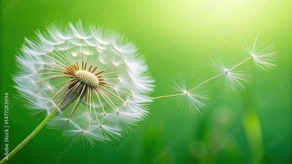 Poster a delicate dandelion clock seeds drifting on a gentle breeze against a lush green background