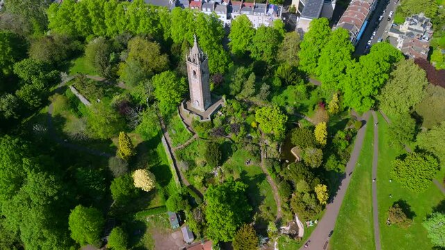 Aerial video over Brandon Hill in Bristol featuring Cabot Tower. 