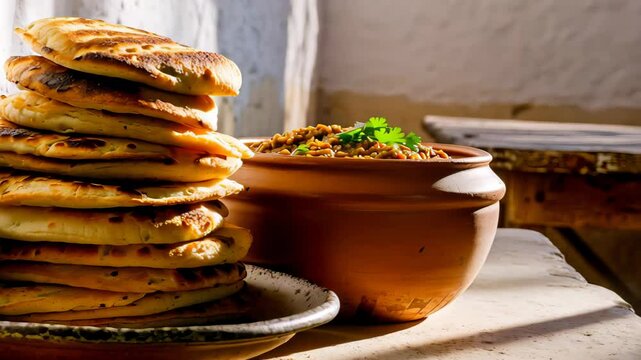 Stack of golden-brown Egyptian flatbreads with charred spots and uneven texture on clay plate beside lentils in sunlit rustic kitchen with whitewashed walls and wood table. Concept of traditional cuis