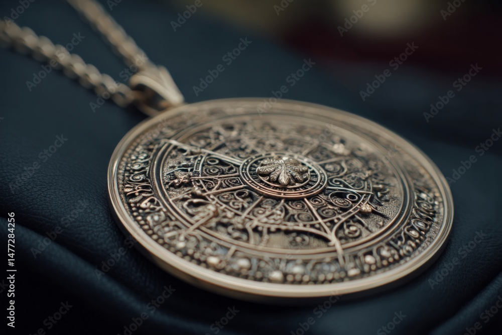 Poster intricate vintage pendant resting on dark fabric showcasing detailed craftsmanship and unique design