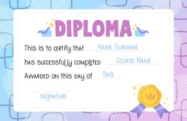 Enchanting diploma with deep purple hues, featuring stars and a magical atmosphere. Perfect for young dreamers and fantasy lovers. Stock vector illustration in cartoon style.