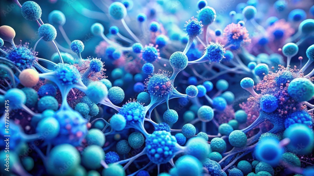 Aufkleber Microscopic Visualization of Interconnected Cellular Structures, Revealing Complex Network and Diverse Spherical Components