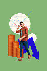 3d sketch image vertical collage of puzzled businessman businesswoman stand arrow decline coin loss...