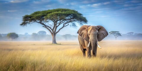 Obraz premium Majestic elephant walking through a misty savannah landscape with tall grasses and acacia trees