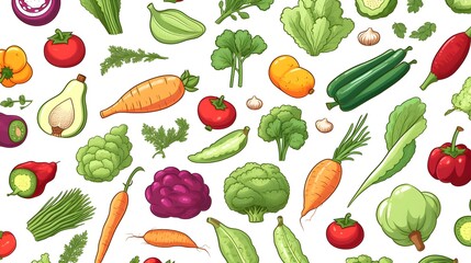 Fototapeta premium Colorful Seamless Cartoon Vector Pattern of Organic Food for Background Design