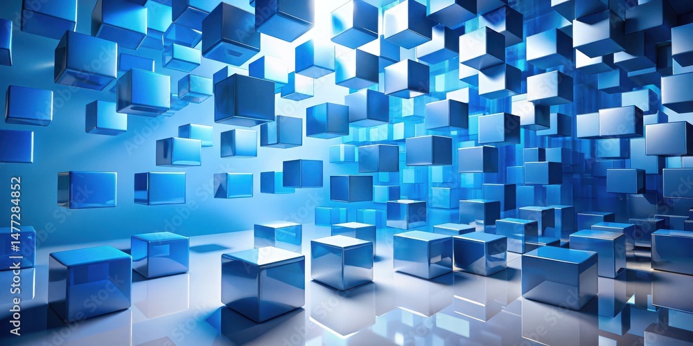 Poster abstract blue cubes in a modern setting, reflecting light and creating a dynamic composition