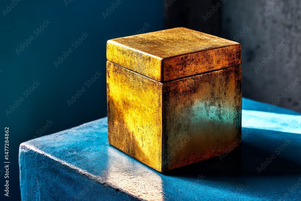 Aufkleber Golden metallic box resting on a blue table in soft light creating an artistic contrast