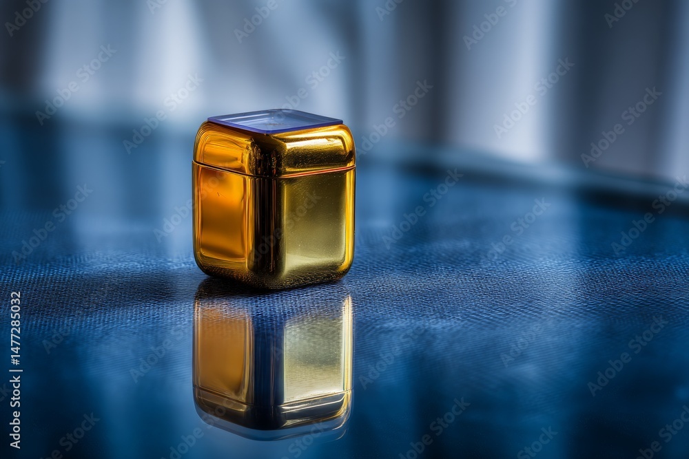 Poster gold-colored object reflecting on a blue surface under soft light in a cozy indoor setting