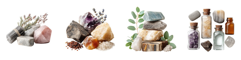 Fototapeta premium Aesthetic arrangement of colorful gemstones and crystals alongside natural elements, captured in bright lighting, suitable for wellness, decoration, and nature-themed projects.