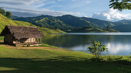 Fototapeta premium Rustic hut by tranquil lake, mountain backdrop