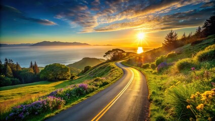 Scenic coastal highway winding through vibrant wildflowers at sunset, offering a breathtaking view of the tranquil ocean and distant mountains.