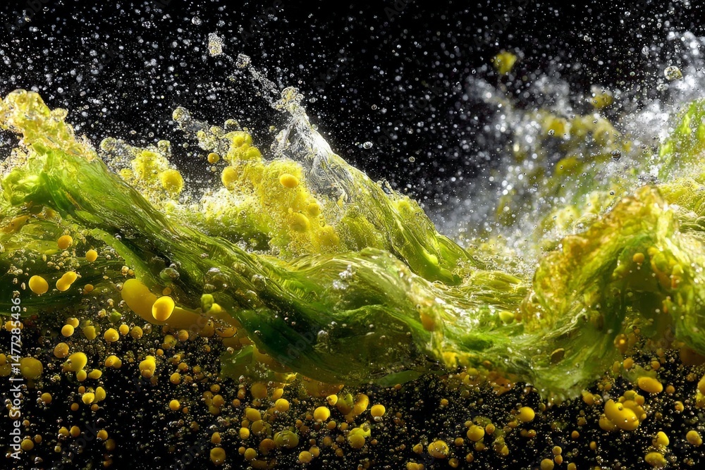 Poster Vivid splashes of green and yellow create dynamic patterns in a swirling water display during a creative art experiment