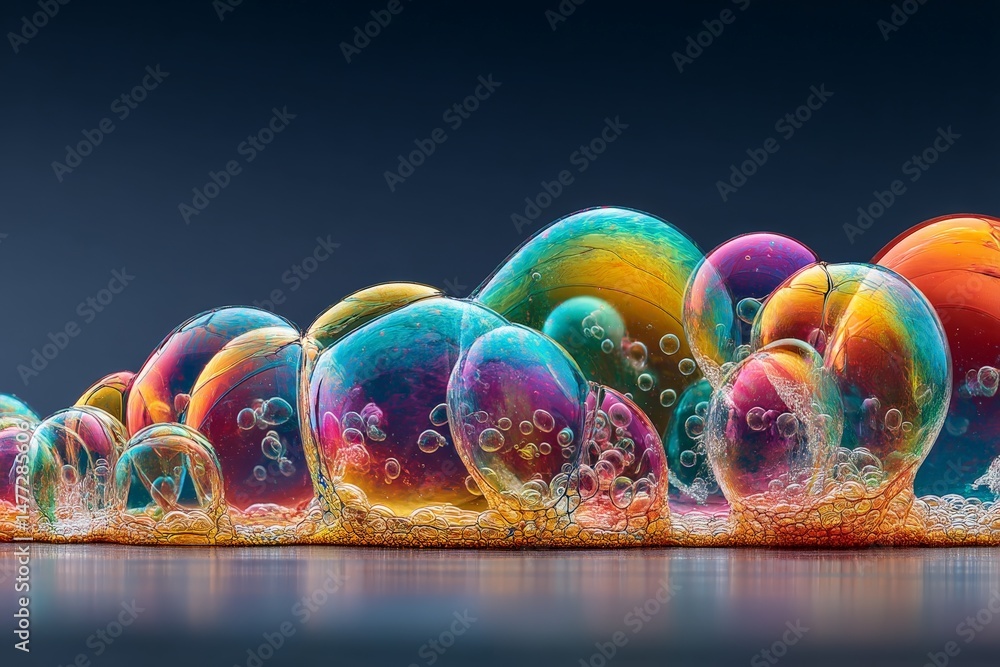 Poster colorful bubbles resting on a surface create a stunning display of light and reflection during brigh