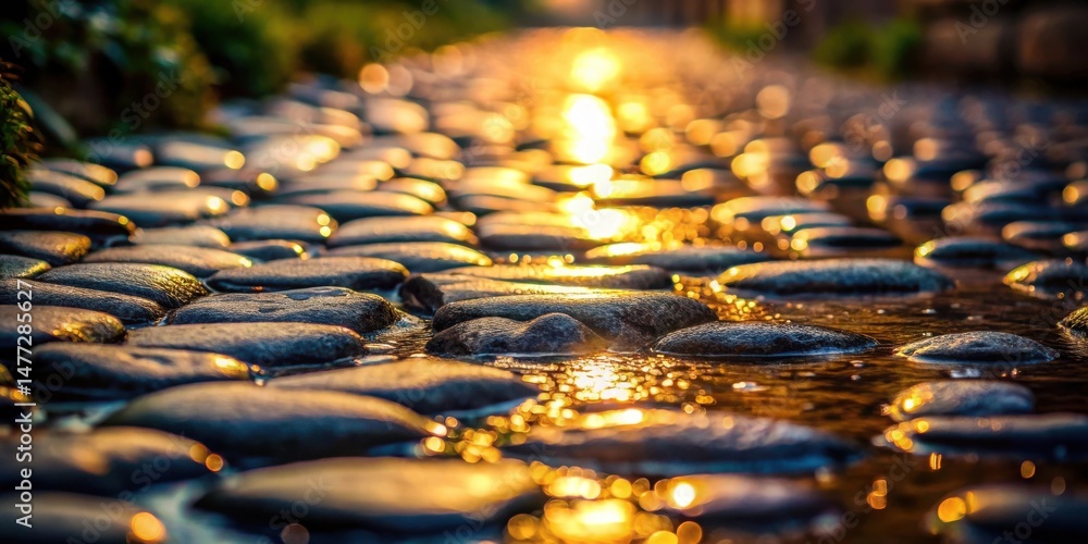 Poster golden hour on a wet cobblestone path a close-up view of sparkling water reflecting sunlight