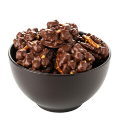 Obraz premium A close-up of a bowl filled with chocolate-covered popcorn and pretzels, perfect for snacking