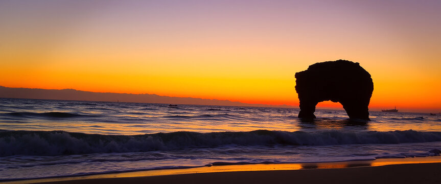 Dramatic sunset over ocean waves with a rock formation silhouetted against the sky