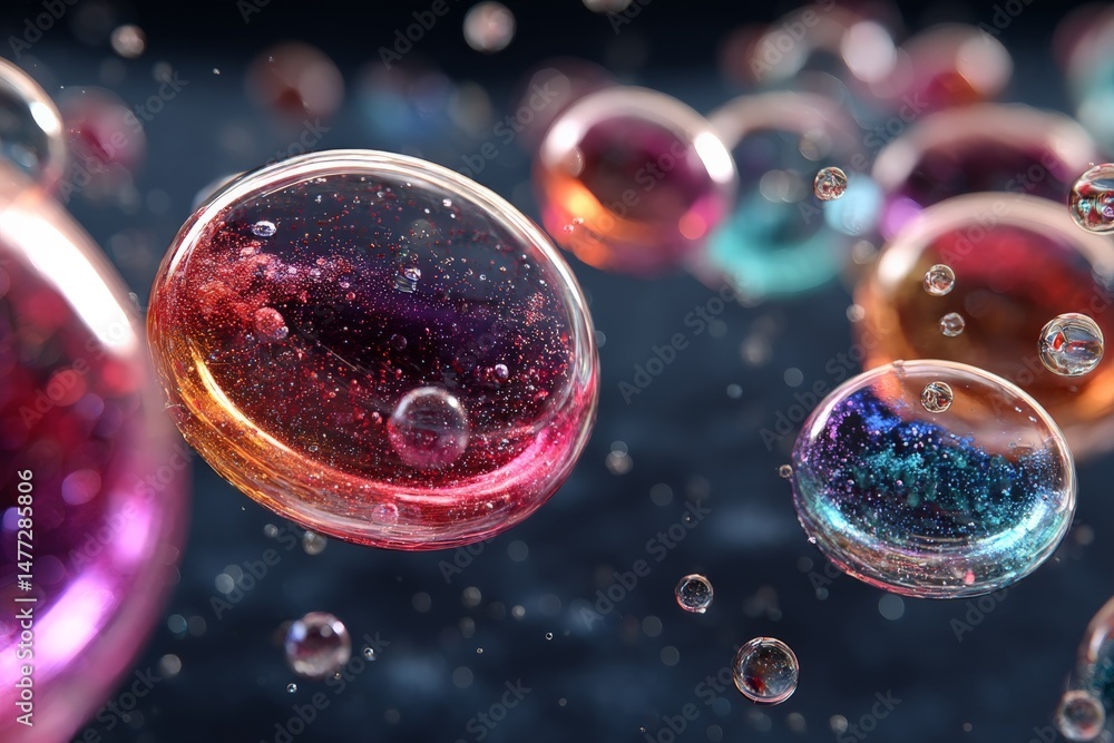 Poster Colorful bubbles floating in space with sparkles and vibrant colors reflecting light creatively