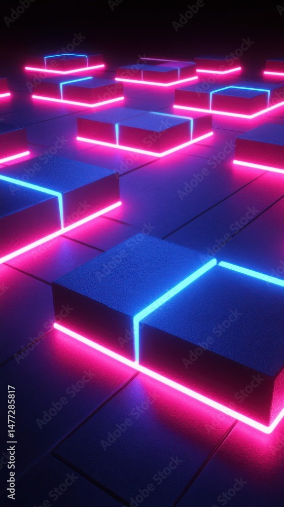 Aufkleber abstract neon blocks arranged in pattern low angle studio shot dark background modern design