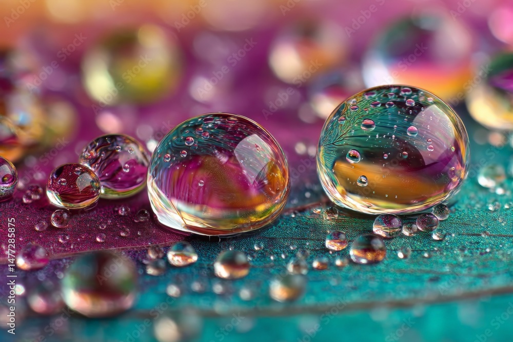 Aufkleber Colorful water droplets on a vibrant surface create an intriguing visual effect in a natural setting