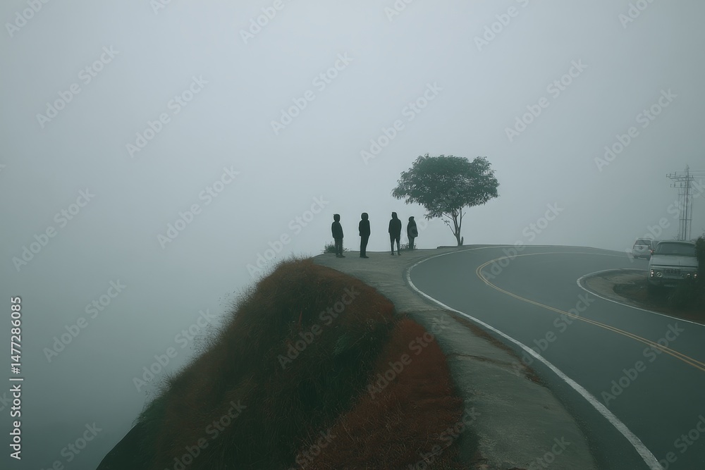 Poster fog envelops four figures standing on a cliff's edge during a tranquil morning in a remote mountaino