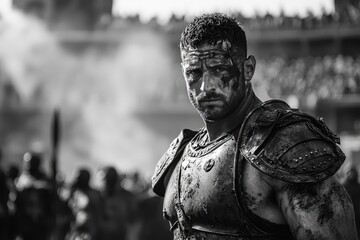 Battle-worn gladiator in dented armor staring defiantly dust swirling in ancient arena cinematic intensity