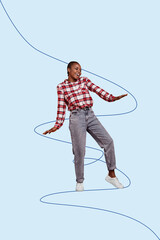 Trend abstract collage of person stand dance with moving lines on blue background