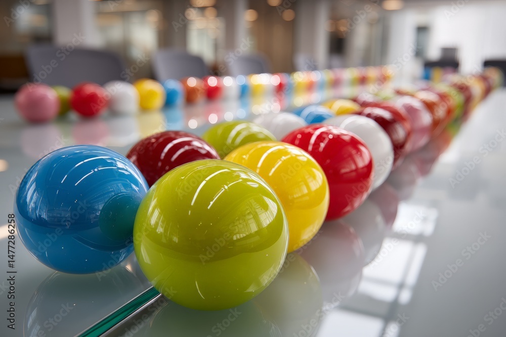 Poster colorful decorative spheres arranged in a modern office setting with glass table and ambient light