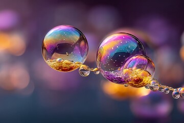 Iridescent soap bubbles reflecting colorful lights in a dreamy setting at dusk