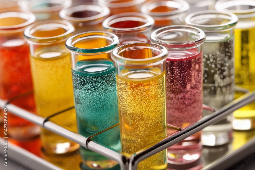 Poster colorful test tubes filled with various liquids displayed on a metal tray in a laboratory setting