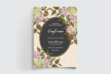 WEDDING INVITATION FRAME WITH FLOWER DECORATIONS AND FRESH LEAVES
