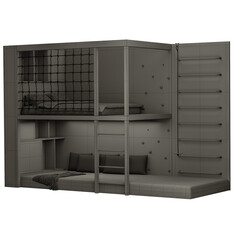 A gray bunk bed with a ladder and a rope hanging from the wall