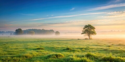 Obraz premium A serene landscape with a vast expanse of grass and a few trees in the distance, with a subtle mist rising from the ground