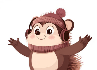 Fototapeta premium The character is a hedgehog with headphones and a hat
