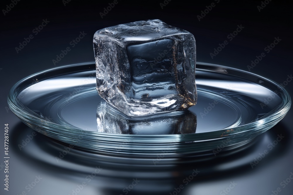 Aufkleber crystal clear ice cube resting on a glass plate in low light setting indoors