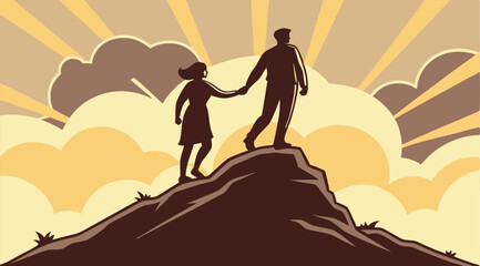"Romantic Couple Silhouette on Mountain Peak at Sunset – Adventure and Love Concept with Dramatic Sky"