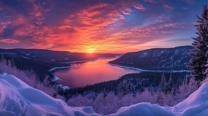 Vibrant sunset over a snowy landscape and tranquil lake.