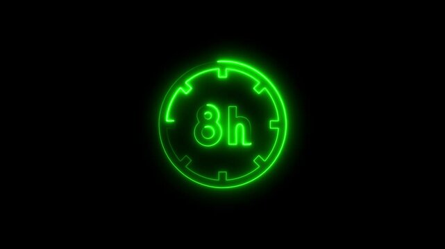 Glowing neon green 8h clock icon animated on a black background