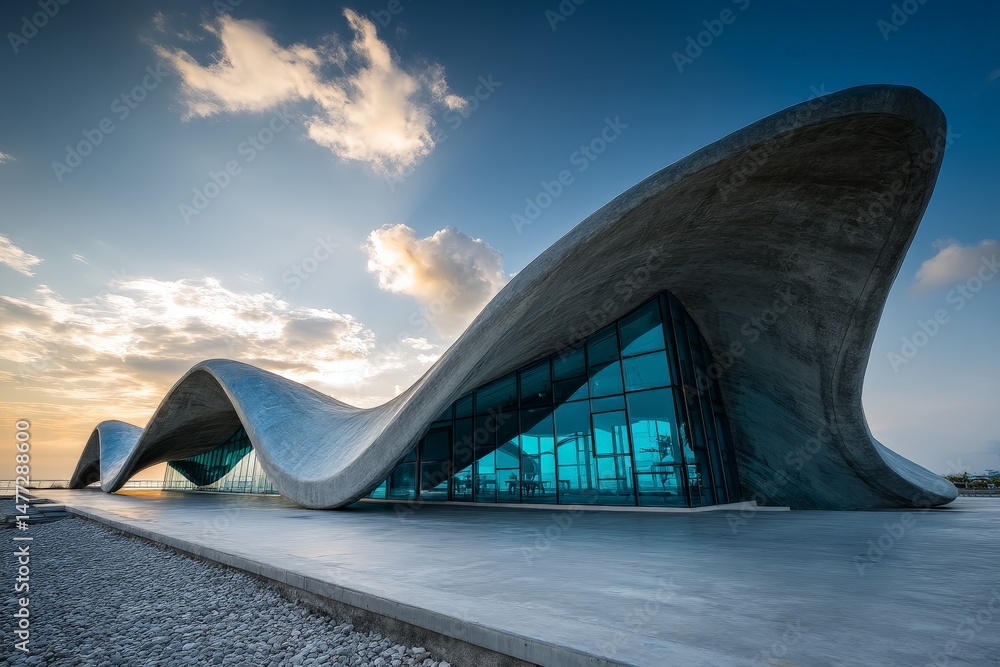 Poster modern architectural building with wave design against a sunset sky in azerbaijan at twilight