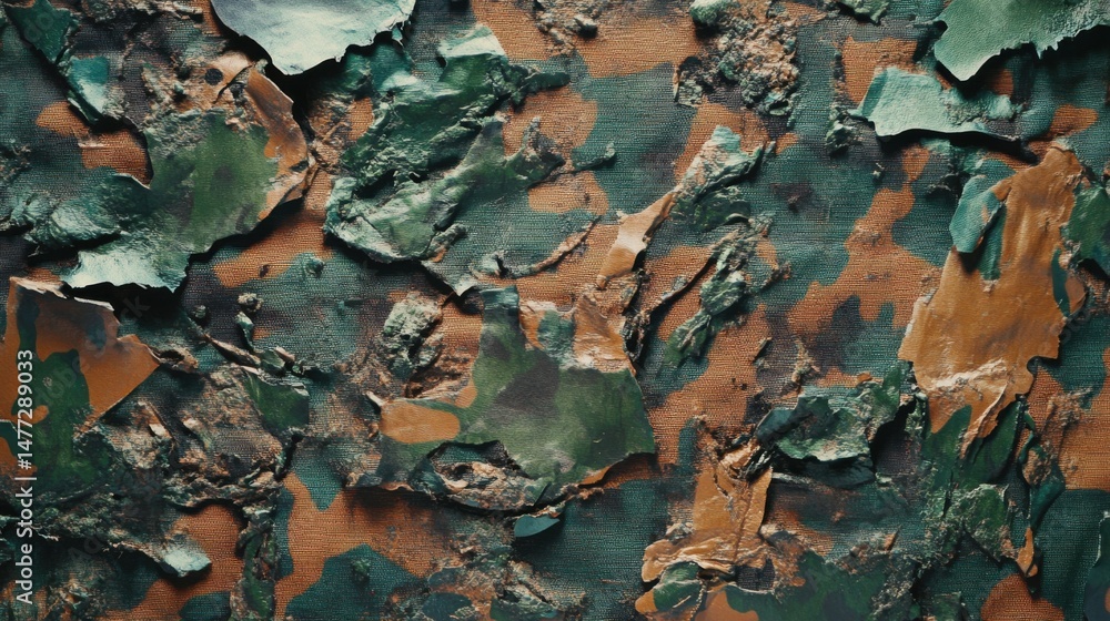 Poster abstract camouflage texture close up showing green brown and tan peeling paint on canvas in a full f