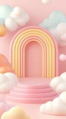 Podium stage motivation. A pastel rainbow archway surrounded by fluffy clouds and soft pink stairs in a dreamy, whimsical setting.
